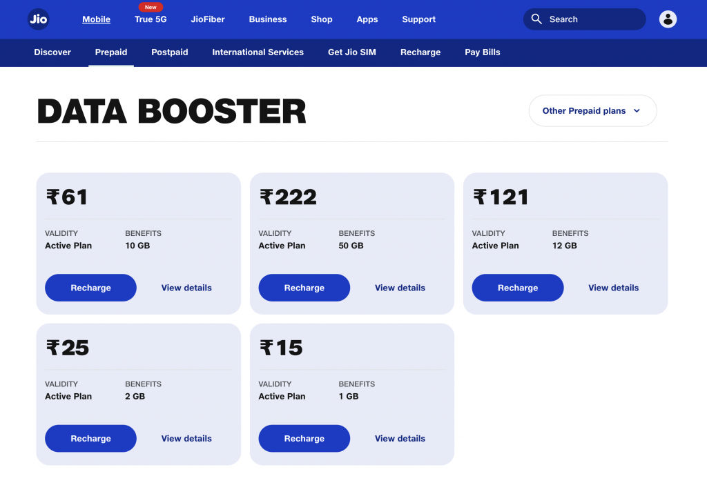 Jio भारत में 15 रुपये से शुरू होने वाले पांच डेटा बूस्टर पैक प्रदान करता है।