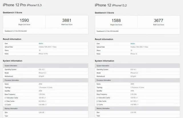 Apple iPhone 12 and 12 Pro Geekbench listing