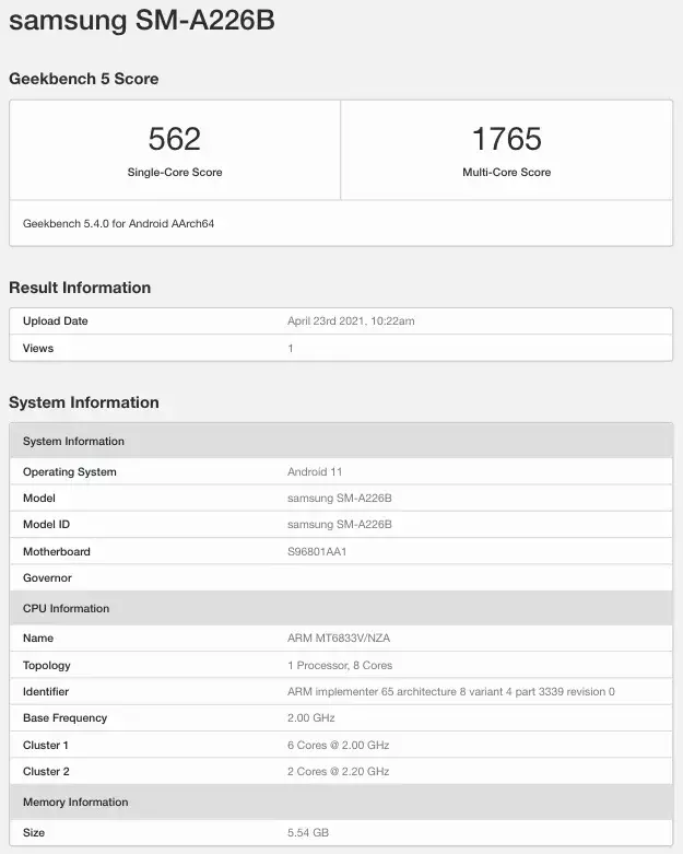 Samsung Galaxy A22 5G spotted on Geekbench, key specifications revealed