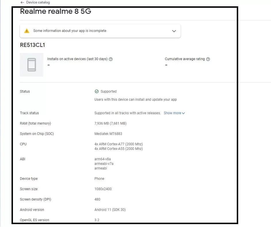 Realme 8 5G spotted on Google Play Console Listing with MediaTek Dimensity 800