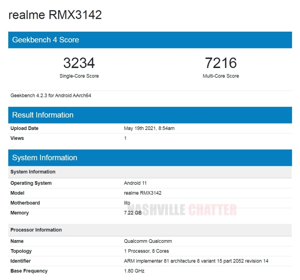 Realme RMX3142 Geekbench listing