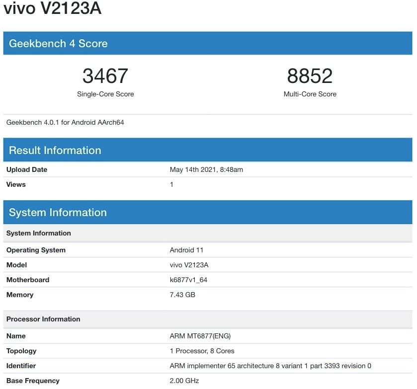Vivo V2123A spotted on TENAA. key specifications revealed