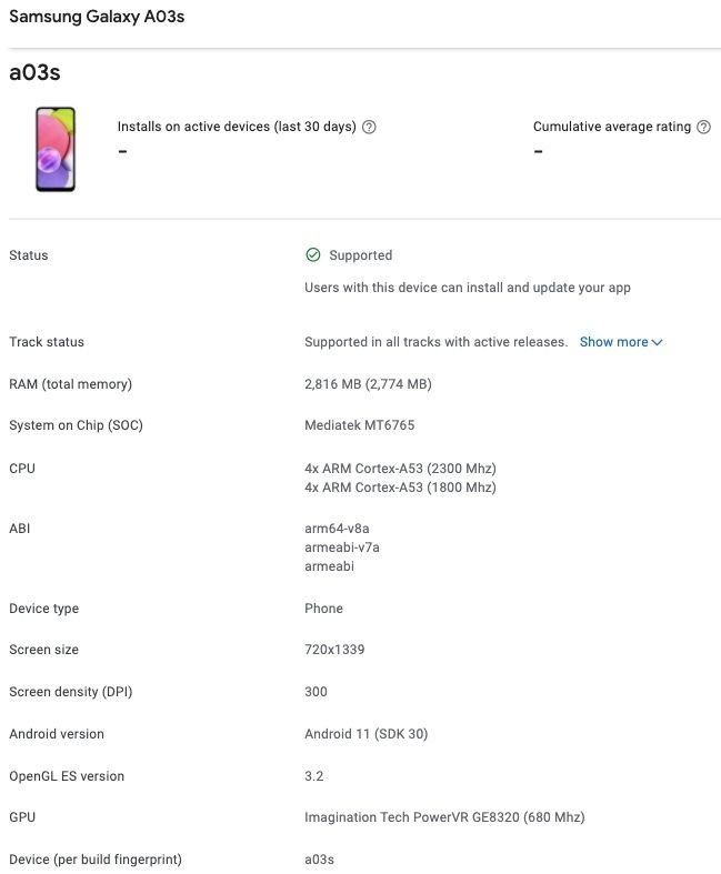 Samsung Galaxy A03s spotted on Google Play Console Listing, key Specifications revealed