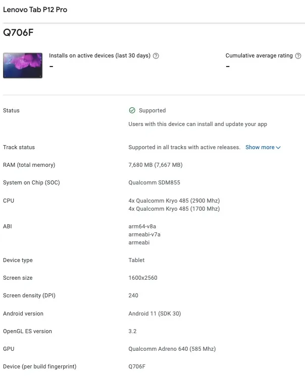 Lenovo Tab P12 Pro spotted on Google Play Console, key specifications revealed