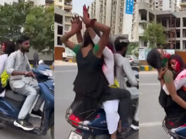 Man Rides Scooter with 2 Women Playing Holi