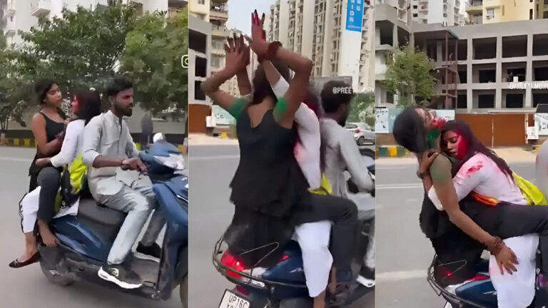 Holi Viral Video: Romance of two young women on a moving scooter on Holi, storm of sarcasm as the video goes viral