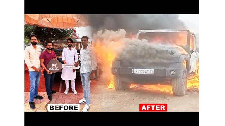 On the move suddenly fire, burnt to ashes newly bought car, Mahindra in Kathgara